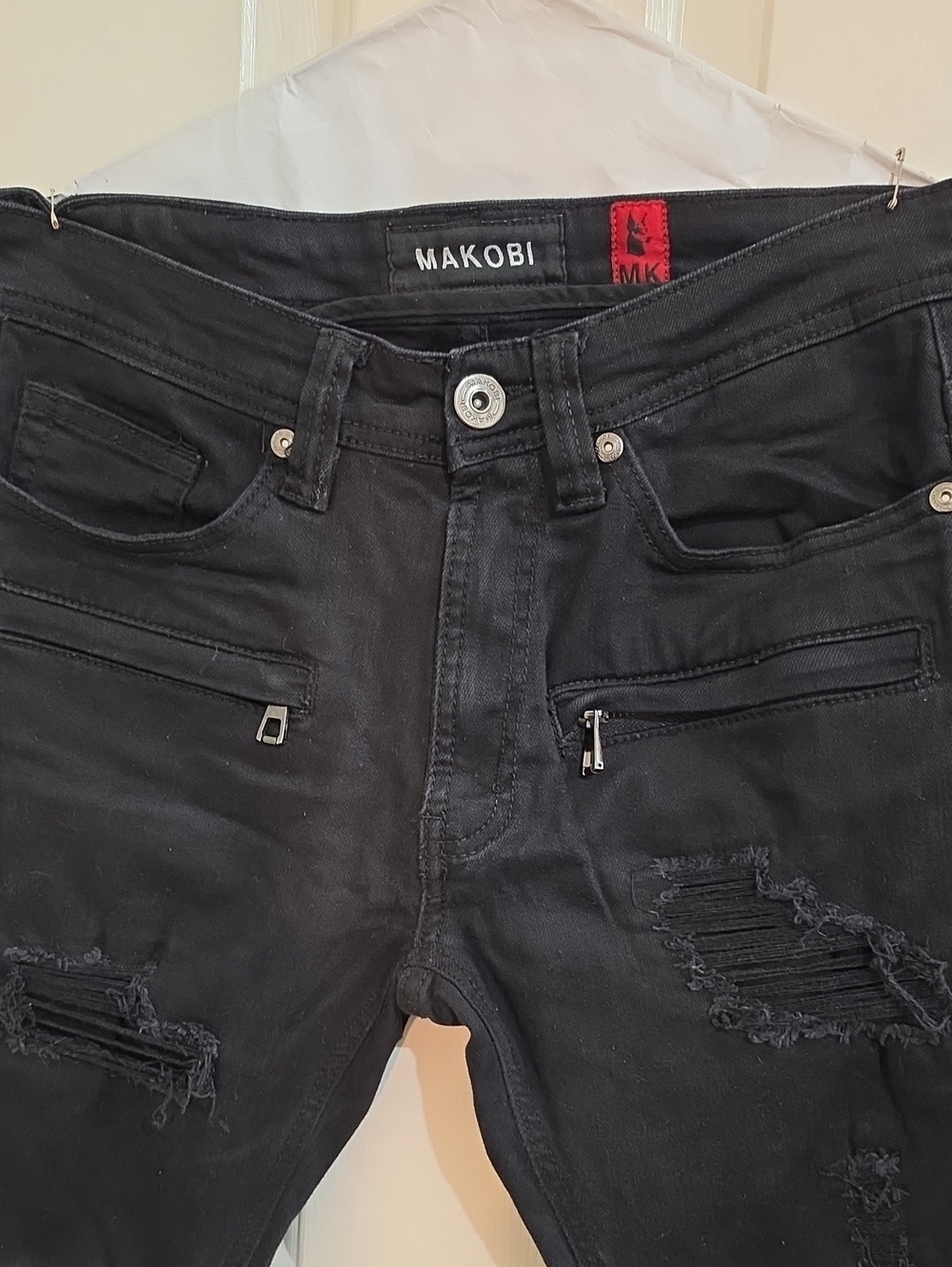 Makobi Men's Distressed Black Denim Biker Jeans - Slim Fit Streetwear Size 30x32